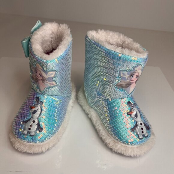 Frozen Boot Girl 7.5 Toddler Elsa Olaf Sequin Ankle Bow Snowflake Party Core Ex - Picture 1 of 10
